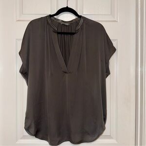 VINCE 100% Silk Blouse with Genuine Leather Trim | Minimalist Luxe Top | Size M